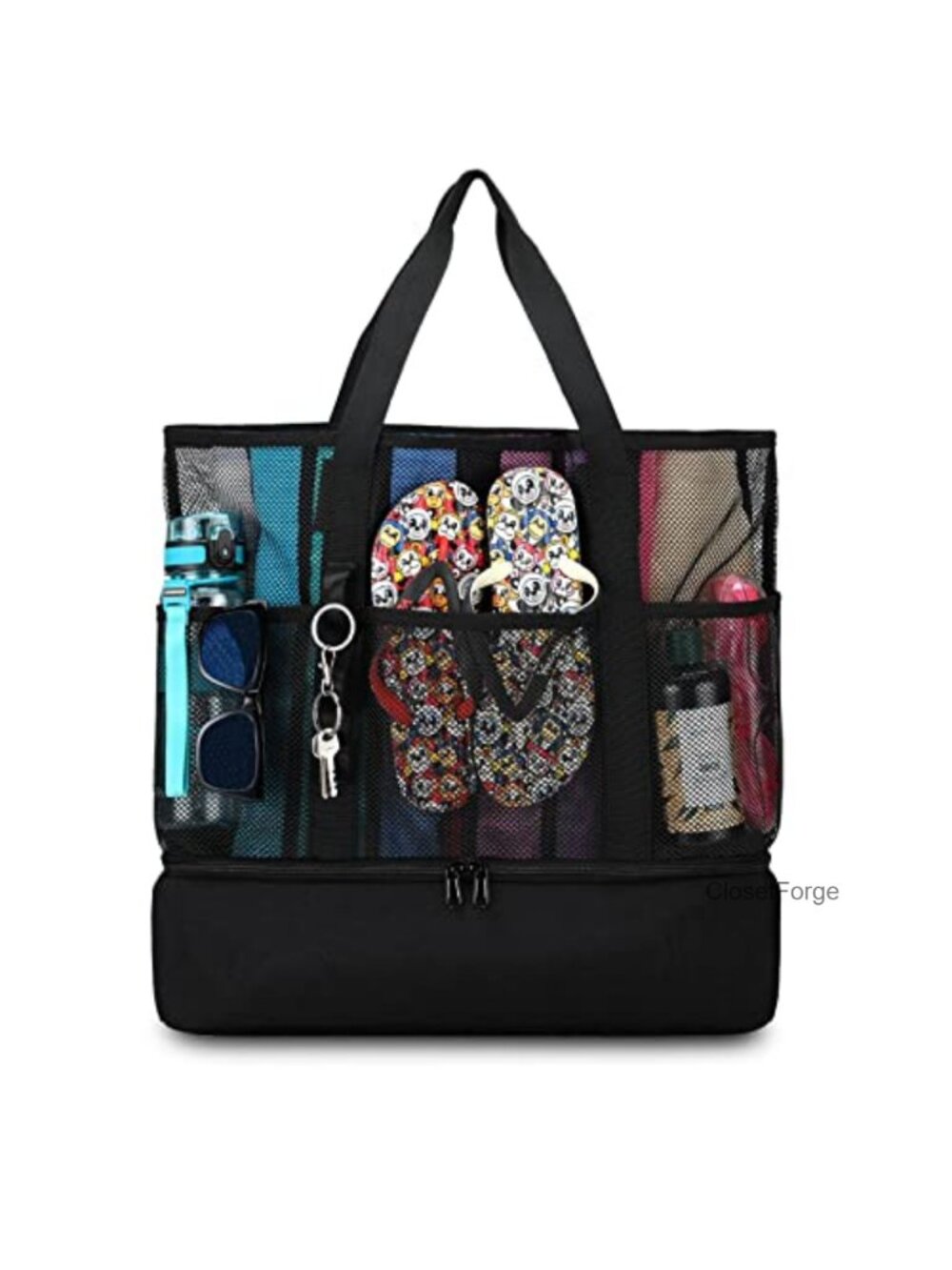 Mesh Beach Tote with Cooler, 8 Pockets Insulated Waterproof Sandproof Travel Bag